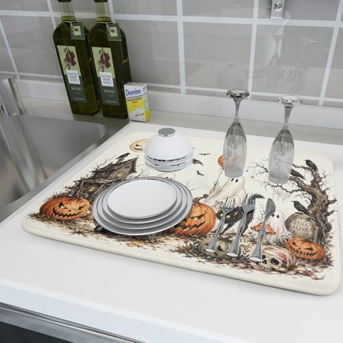 Halloween Pumpkin Ghost Dish Drying Mat Black Cat Microfiber Dishes Pad 18x24 Inch Holiday Dish Drainer Rack Mats for Kitchen Counter Sink (Pumpkin Ghost / 18x24 inch)