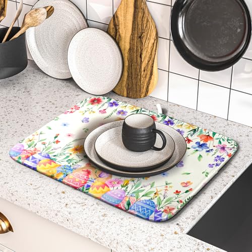 Easter Rabbit Dish Drying Mat Spring Flower Dish Drainer Rack Mats 16x18 inch Absorbent Microfiber Fast Dry Pad Kitchen Counter Accessories (Easter Rabbit Floral / 16" x 18")