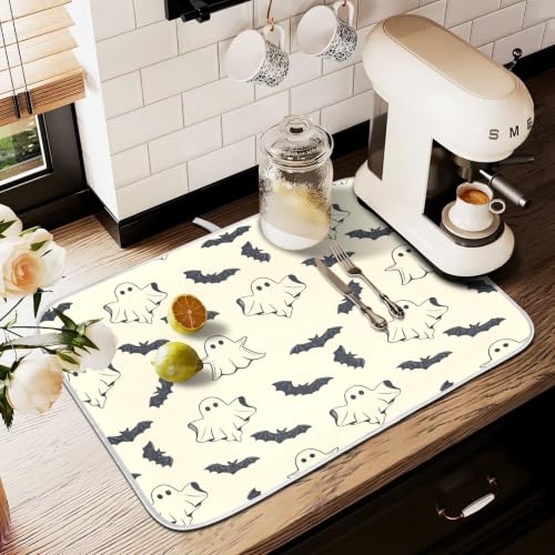 Halloween Spooky Ghost Bats Dish Drying Mat for Kitchen Counter Absorbent Microfiber Small Drying Pad Dish mats for Kitchen Countertops 16 x 18 Inch (Halloween Ghost Bats / 18" x 16")