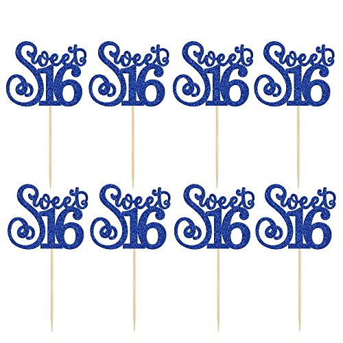24 Pack 16th Birthday Cupcake Toppers Glitter Sixteen Happy Sweet 16 Cupcake Picks Cheers to 16 Years Old Cupcake Decorations for 16th Birthday Anniversary Party Cake Decorations Supplies Blue (24 Count)