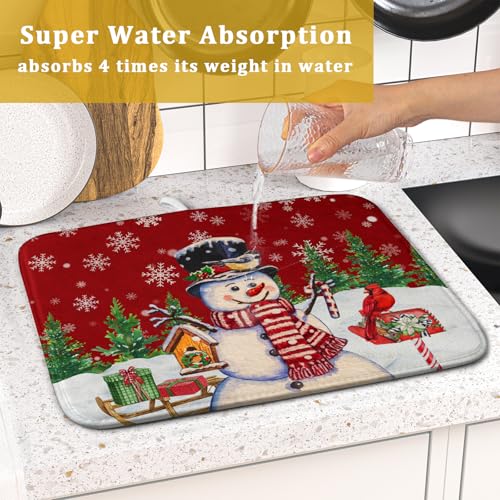 Winter Snowman Dish Drying Mat Red Bird Microfiber Dish Pad 16x18 Inch Absorbent Fast Dry Dishes Draining Mats Holiday Kitchen Accessories (Red Winter Snowman / 16" x 18")