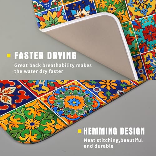 Mexican Tiles Dish Drying Mat for Kitchen Counter Absorbent Microfiber Dish Drying Pad Kitchen Gadgets Multi (Mexican Tiles Blue / 18" x 16")