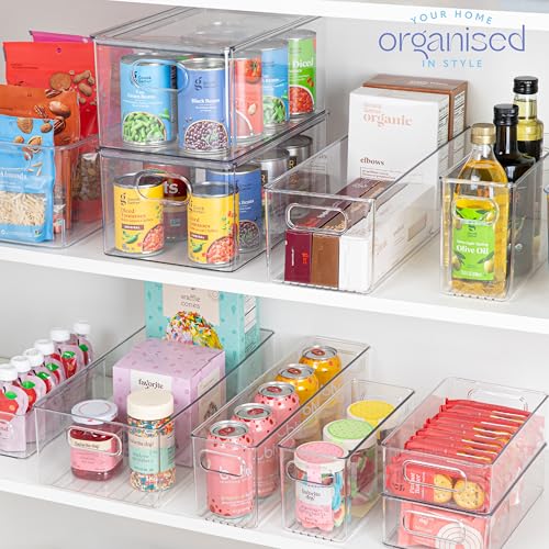 Plastic Food Storage 4 Pack Clear Container Bin with Handles for Organizing Kitchen (16x4x5)
