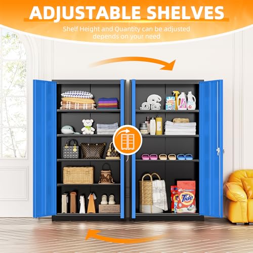 Metal Storage Cabinets 72” Black Blue Garage Steel Storage Cabinet with Doors and Shelves (Black Blue / 72")
