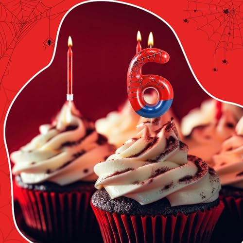13 Pcs Spider Themed Birthday Candle Set Red Spider Theme Number 6 Candle Cake Topper for Boys Girls Birthday Decoration Spider Party Decoration Supplies (13 Count)