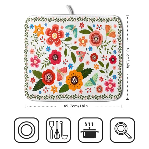 Colorful Boho Floral Dish Drying Mat 16x18 Inch Dishes Dry Pad Drainer Rack Mats Absorbent Hanging Loop Kitchen Counter Bar Accessories (White Boho Floral / 16" x 18")