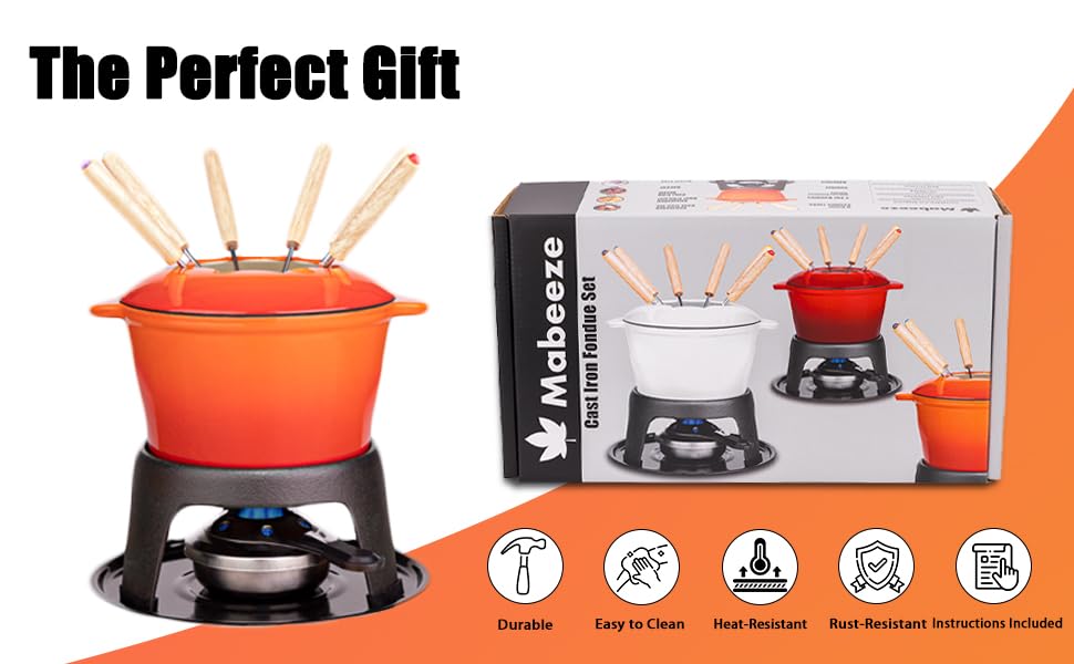 Cast Iron Fondue Pot Set Orange Enameled 1.6 Qt for Cheese (Orange)