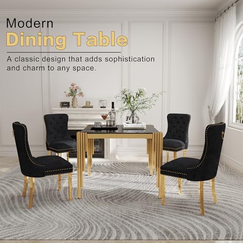 35'' Modern Square Glass Dining Table for 4 People (Gold-black / Square-35.43" L x 35.43" W x 29.53" H)