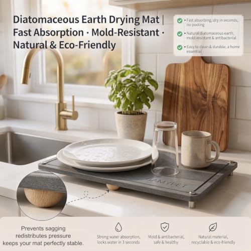Large Dish Drying Stone Mat for Kitchen 24"x16" Dark Gray