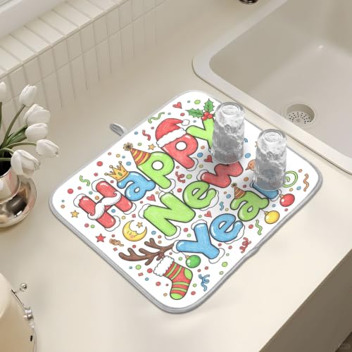 Cute Happy New Year Dish Drying Mat for Kitchen Counter Absorbent Microfiber Small Drying Pad Dish mats for Kitchen Countertops 16 x 18 Inch (Happy New Year / 18" x 16")