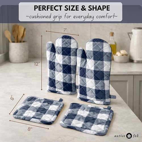 Buffalo Plaid Check Oven Mitts and Pot Holders Set of 4 (Buffalo, Navy Blue)
