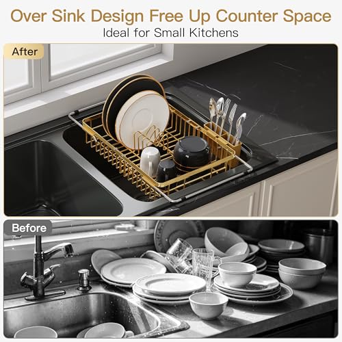 Gold Dish Drying Rack Over the Sink with Utensil Holder (Gold / For 12.5"-30"w Sink, Expandable)
