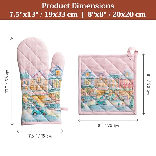 100% Cotton Oven Mitt & Pot Holder Set (124 - Christmas Market - Pink / 7.5" x 13" & 8" x 8" (Oven Mitt & Pot Holder))
