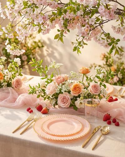 180Pcs Elegant Pink Gold Dinnerware Set for Party Wedding (Pink and Gold Plastic Dinnerware Set / 180PCS)