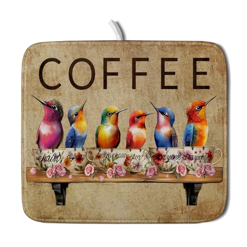 Coffee Cup Dish Drying Mat Brown Bird Drying Matt Kitchen Counter for Coffee Bar Decor (Bird Cups 511 / 18" x 16")