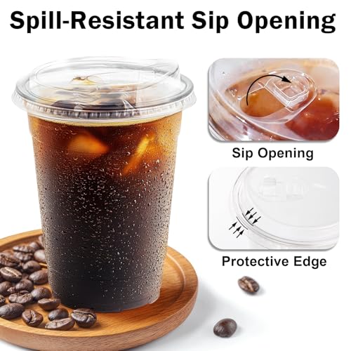 100 Pack 16 oz Clear Plastic Cups with Sip Lids (100 Count)
