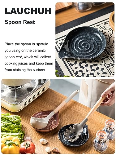Spoon Rest Ceramic Spoon Holder for Stove Top Large Spatula Rest (Speckled Dark Gray)