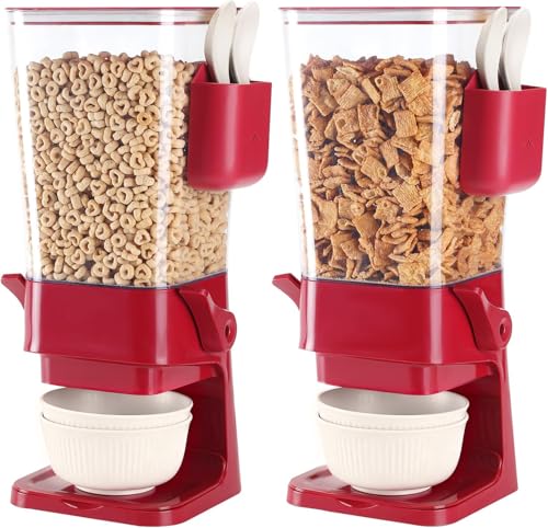 Cereal Dispenser Countertop Red 2 Pack with Creal Bowls Spoons Cutlery Box (Red - 2pack)