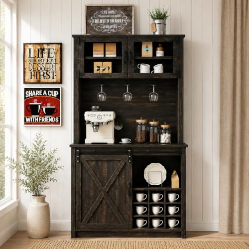 72" Farmhouse Coffee Bar Cabinet with Sliding Barn Door (71Inch / Oak)