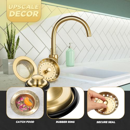 3 Pcs Kitchen Sink Drain Strainer and Stopper Stainless Steel Garbage Disposal Plug with Handle Universal Anti (Brushed Gold)