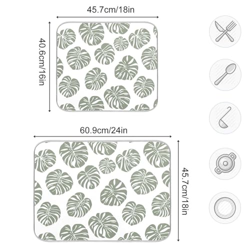 Green Palm Monstera Leaves Dish Drying Mat for Kitchen Counter Absorbent Microfiber Drying Pad (18" x 18")