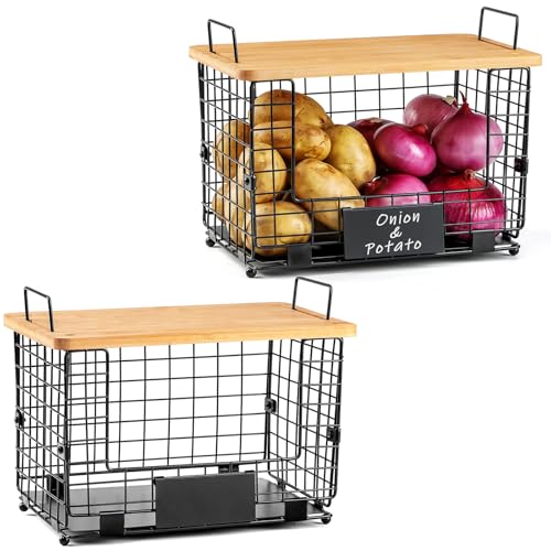 2 Set XL Stackable Wire Basket with Bamboo Tops & Tags (XL)
