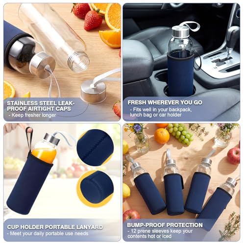 12 Pack Glass Water Bottles with Sleeves (Stylish / Navy Blue)