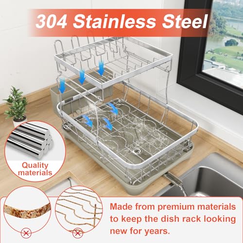 2 Tier Dish Drying Rack for Kitchen Counter (2-tier - Grey)