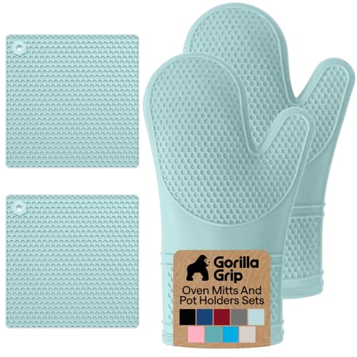 BPA Free Silicone Oven Mitts and Pot Holders Set (Mint / 12.5" Oven Mitts + 7" Trivets)