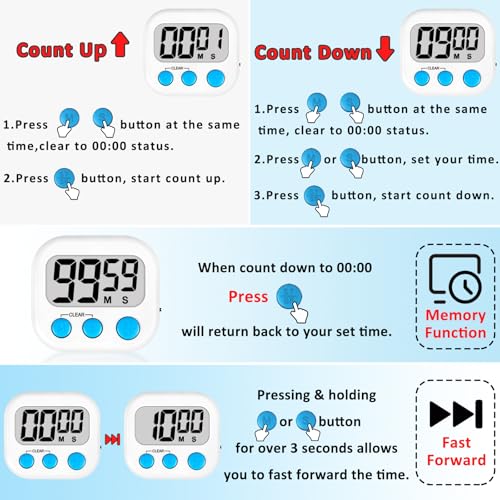 Digital Kitchen Classroom Timers for Kids Cooking 12pcs Wht Blu Pk