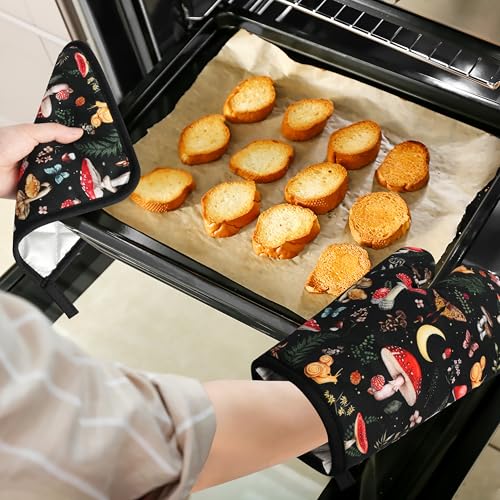 Mushroom Oven Mitts and Pot Holders Sets Cute Oven Gloves Heat Resistant 4 Pcs Funny Decorative Kitchen Hot Pads and Mitts for Baking Cooking Grilling (Black Red)