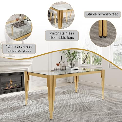 53'' Glass Dining Table Set for 4 (5PCS-52.76” L x 33.07” W x 29.53” H / Clear Gold - White Chair)
