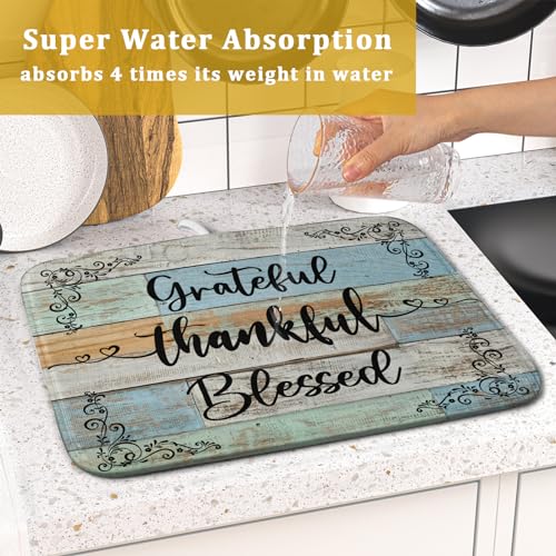 Rustic Wood Dish Drying Mat 16x18 Inch Grateful Thankful Blessed Kitchen Drainer Mats Absorbent Microfiber Rack Holder Countertop Pad (grateful thankful / 16" x 18")