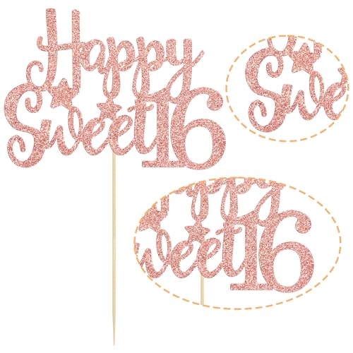 1Pc Happy Sweet 16 Cake Topper Rose Gold Glitter Sweet 16 Birthday Decorations Happy 16th Birthday Decorations for Girls Boys