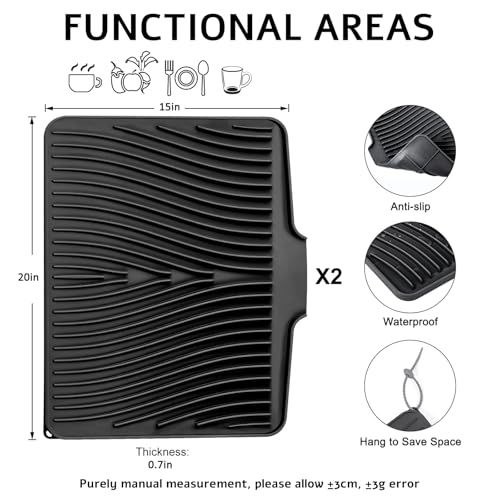Silicone Dish Drying Mat for Kitchen Counter (Black-2pcs / 20" x 15")