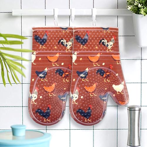 Oven Mitts with Transparent Clear Silicone Shell and Nice Shell Flower Printing (Oven mitts / Rooster Flower)