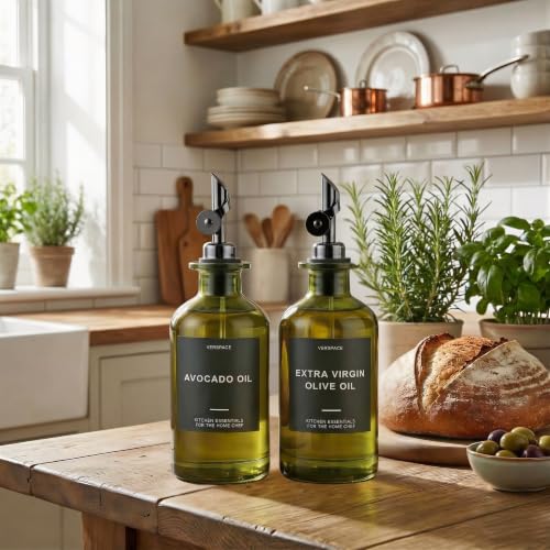 Green Glass Olive Oil Dispenser Bottles For Kitchen (Green/Black / 17oz)