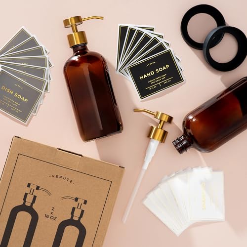 Hand and Dish Soap Dispenser for Kitchen and Bathroom (Amber Bottle / Brushed Gold Pump)