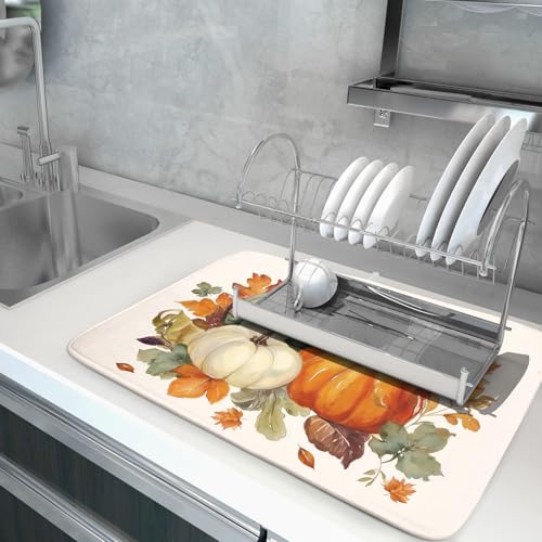 Fall Pumpkin Dish Drying Mat Autumn Leaves Absorbent Dishes Pad 18x24 Inch Seasonal Microfiber Dish Drainer Rack Mat for Kitchen Countertop (Fall Pumpkin / 18x24 inch)