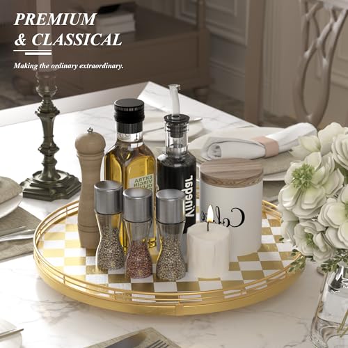 16 Inch Gold and White Checkerboard Lazy Susan with Rubberwood Base (Gold & White / 16 inches)