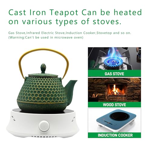 Cast Iron Teapot and Cups Set (Dark Green Hexagon Pattern, 1000ml/34oz with Cups)