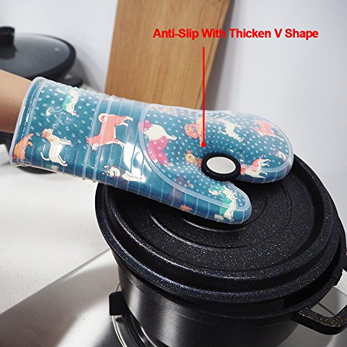 Oven Mitts with Transparent Clear Silicone Shell and Nice Dog Printing (Oven mitts / Blue)