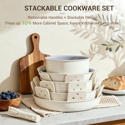 18 Piece Ceramic Pots and Pans Set Non Stick (Cream White)