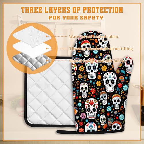 Day of The Dead Skull Mexican Oven Mitts and Pot Holders Set (4 Count)