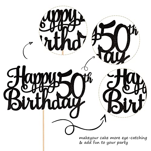 1 PCS Happy 50th Birthday Cake Topper Glitter Cheers to 50 Years Birthday Cake Pick 50 Fabulous Cake Decoration for Happy 50th Birthday Anniversary Party Decorations Supplies Black (Black / 50th)