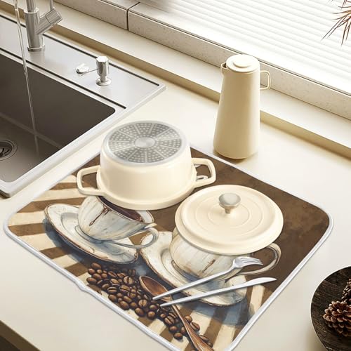 Coffee Themed Dish Drying Mat for Kitchen Counter Absorbent Microfiber Large Drying Pad Dish Mats for Kitchen Countertops 18 x 24 Inch243 (24" x 18")