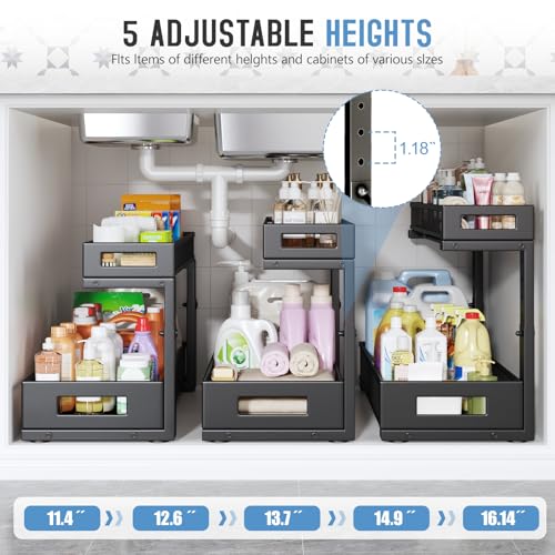 2 Pack 19IN Depth Under Sink Storage Organizer (Black / 2 Pack-19"Dx11.4"-16.14"H)