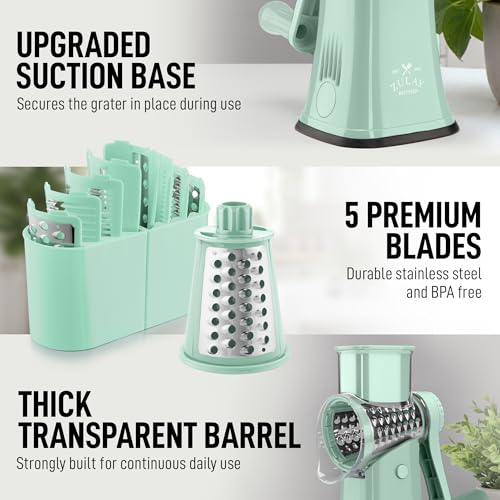 Rotary Cheese Grater Manual Hand Crank 5 Blade Shredder (5 Blades / Mint)