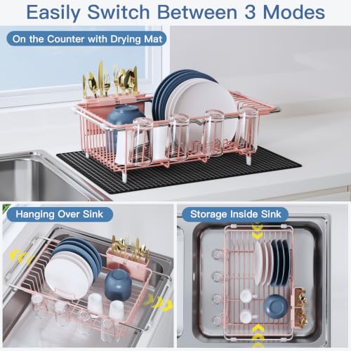 Pink Dish Drying Rack in Sink with Mat (Pink / For 12"-30"w Sink, with Mat)