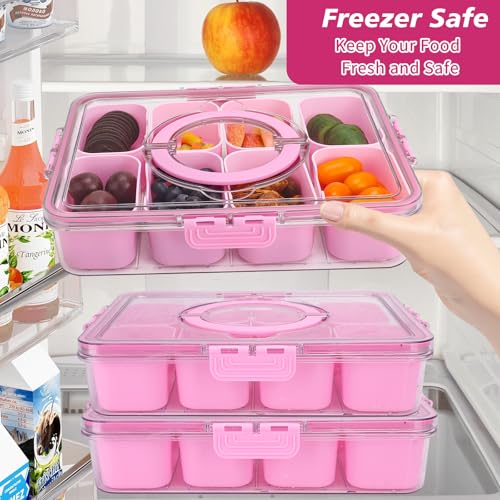 2Pcs Snackle Box Snack Containers with Lid Divided Serving Tray with Handle (8 Compartments-2pcs / Pink)